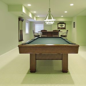 Lower level basement with pool table and bar